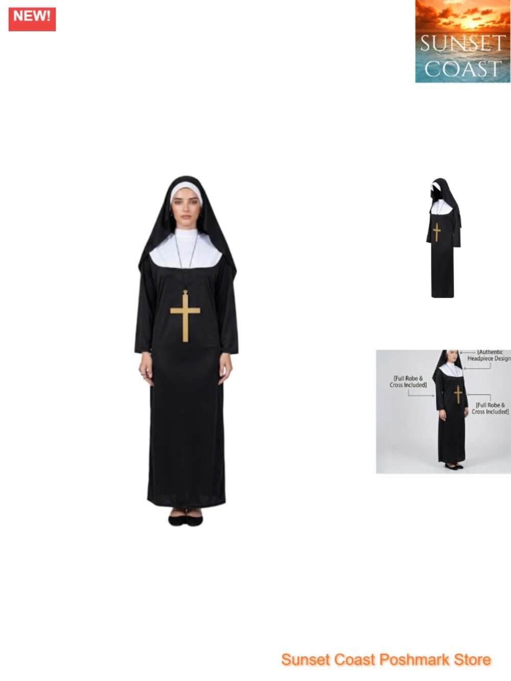 Nun Costume Robe Veil Cross Halloween Cosplay Dress Outfit